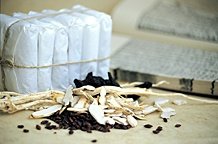 A pile of medicinal herbs in front of pachaged herbs. - Copyright – Stock Photo / Register Mark